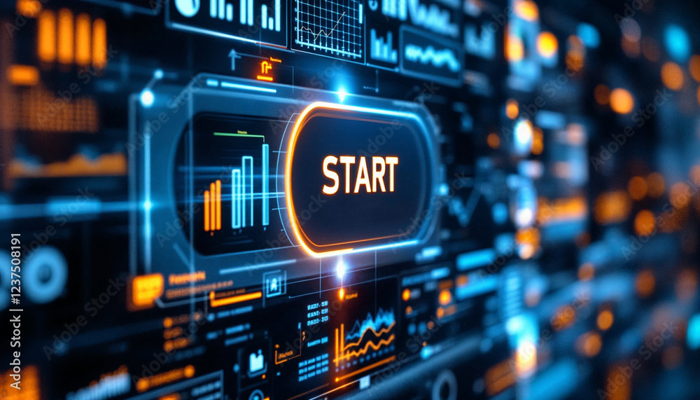 button with text START at virtual interface of a large transparent futuristic screen with buttons, graphs and infographics button with text START at virtual interface of a large transparent futuristic screen with buttons, graphs and infographics