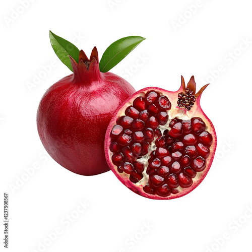 A ripe pomegranate with vibrant red skin, partially sliced to reveal juicy seeds and green leaves on top. photo
