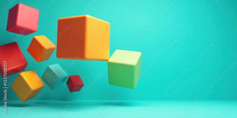 Obraz premium Floating Colorful Cubes Against a Teal Background A Vivid Abstract Composition of Geometry and Hue