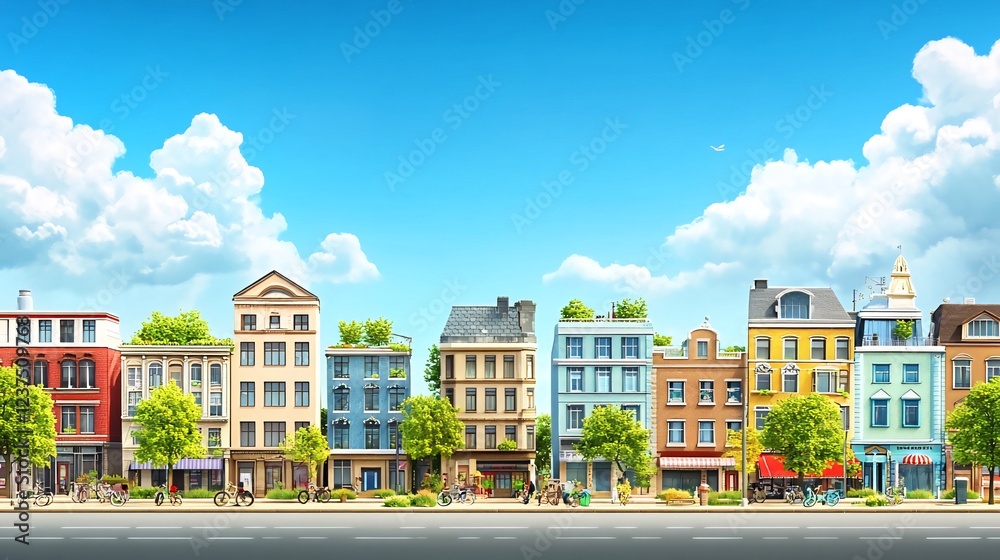 Obraz premium Sunny city street, cyclists, pedestrians, shops, summer