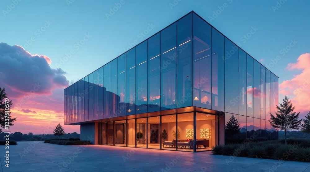Fototapeta premium Modern Glass Pavilion at Dusk Reflecting Sunset Hues in a Serene Landscape