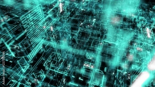 A high-tech, digital crafted abstract motion grid set in a cyber environment, highlighting big data visualization and AI simulations, ideal for use as a dynamic digital background in motion graphic.