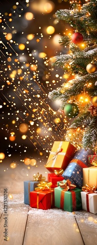 Joyful christmas celebration with gifts under a festive tree cozy indoor environment warm glow holiday spirit photo