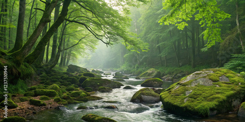 Tranquil woodland river winding through a lush forest, with mossy rocks and dappled sunlight creating a peaceful and refreshing nature retreat
