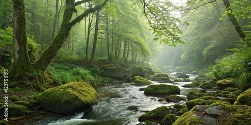 Serene forest stream flowing through moss-covered rocks, surrounded by lush green trees and soft sunlight filtering through the dense woodland canopy.