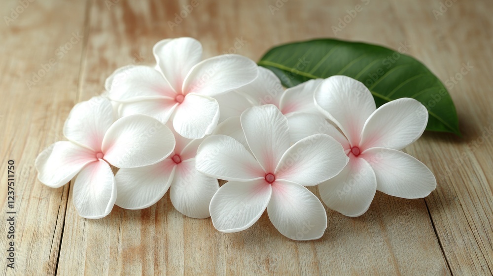 Serene Plumeria Blossoms on Wooden Surface Serene Plumeria Blossoms on Wooden Surface