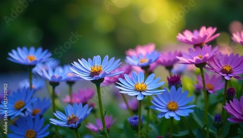 Blue aster flowers in full bloom, creating a beautiful carpet of color in the garden, botanical, garden, flower