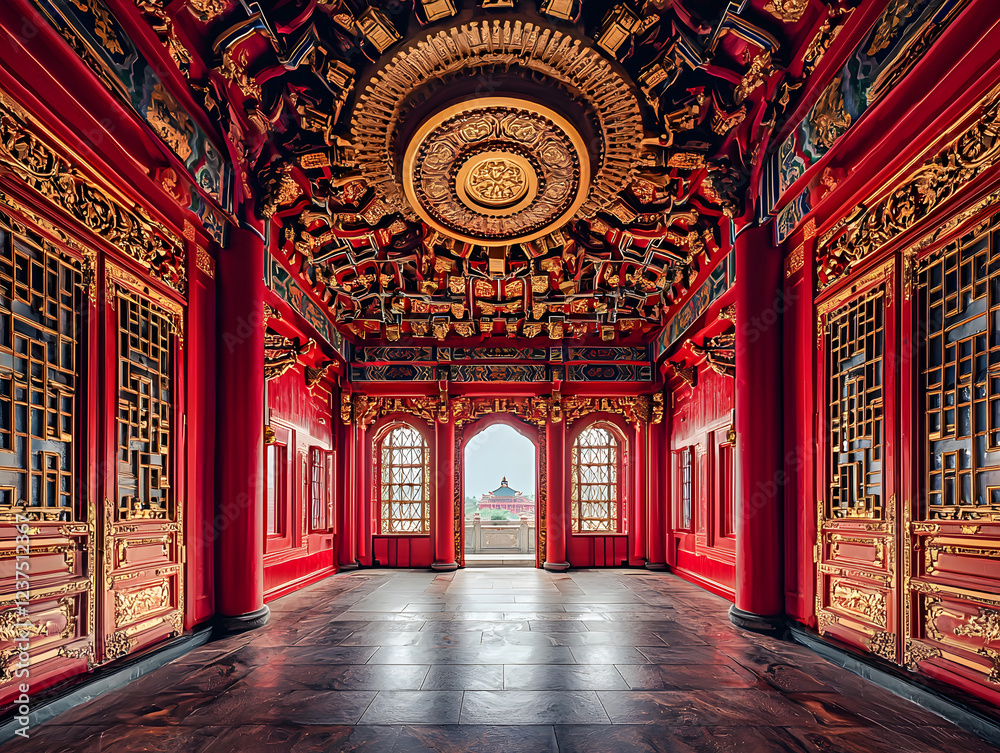 Obraz premium A majestic view from inside a traditional Chinese temple