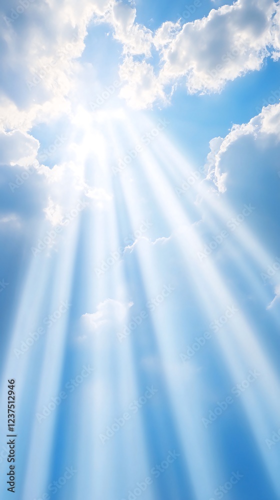 Fototapeta premium Sunbeams pierce clouds, blue sky backdrop, hope, faith, spiritual