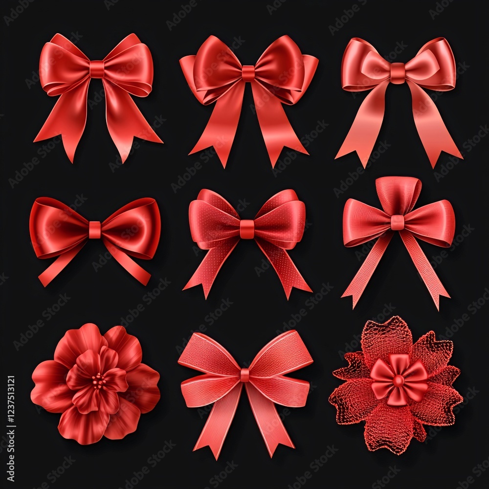 Red ribbon bows and flowers; gift wrapping; dark background; design elements Red ribbon bows and flowers; gift wrapping; dark background; design elements