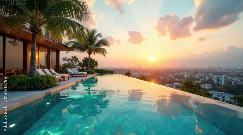 Fototapeta premium Sunset Serenity Infinity Pool at a Modern Tropical Residence Overlooking Urban Skyline