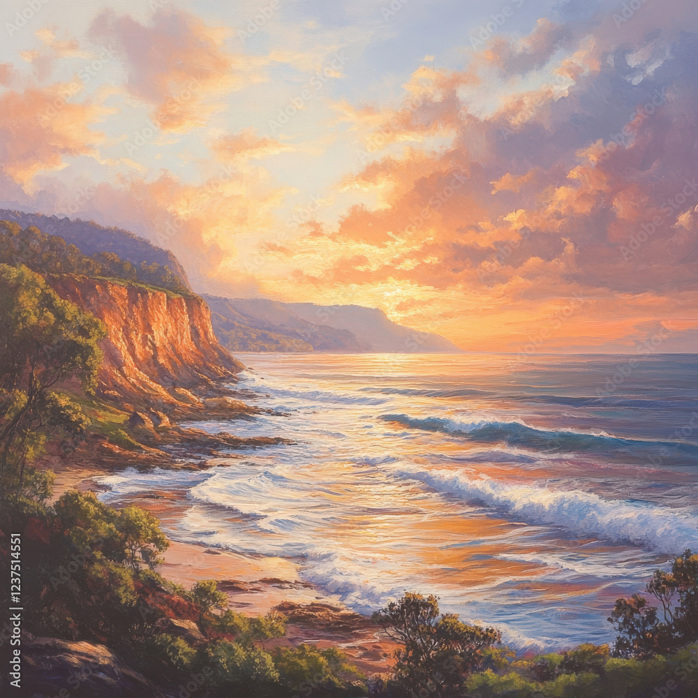 Obraz premium A serene coastal view at sunset, waves gently lapping against the rocky shore, warm orange and pink hues painting the sky