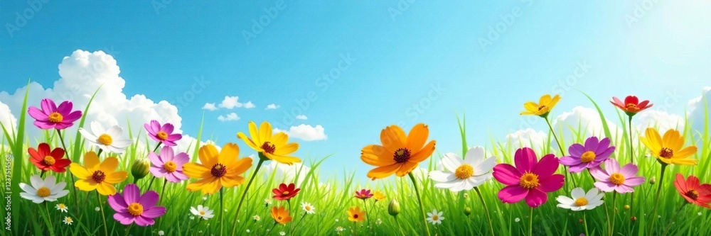 Fototapeta premium Colorful flowers in a lush meadow under clear blue sky, natural, grass