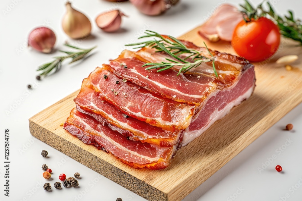 Sliced Smoked Bacon on Wooden Board with Rosemary Sliced Smoked Bacon on Wooden Board with Rosemary