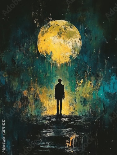 Man standing before giant moon in surreal landscape