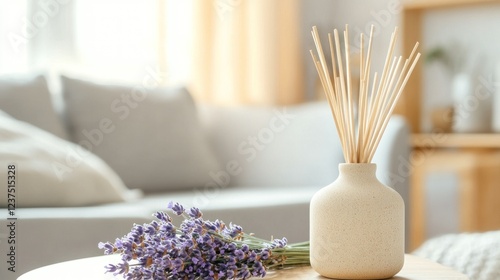 Lavender and Reed Diffuser on a Cozy Living Room Table