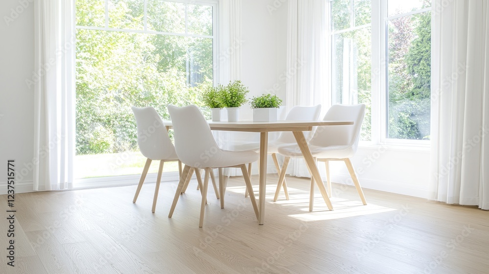 Fototapeta premium Bright dining room, modern chairs, garden view