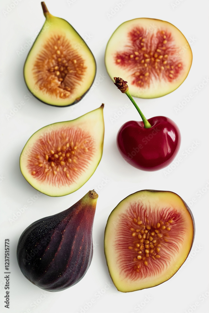 Fresh figs and cherry showing their vibrant colors on white background Fresh figs and cherry showing their vibrant colors on white background