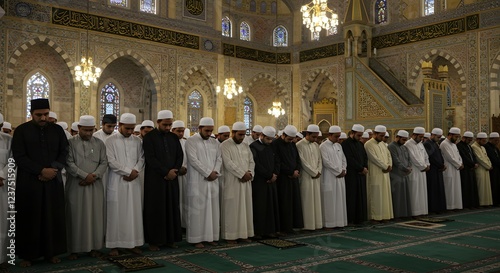 Muslim Men Praying in Mosque Beautiful Islamic Interior photo