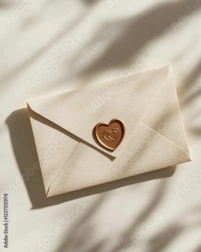 Minimalistic beige envelope sealed with a golden heart stamp, resting on a textured surface with soft natural shadows