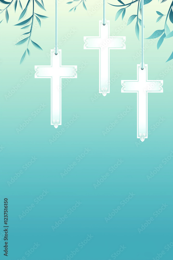 Three christian crosses hanging from olive branches on gradient background Three christian crosses hanging from olive branches on gradient background