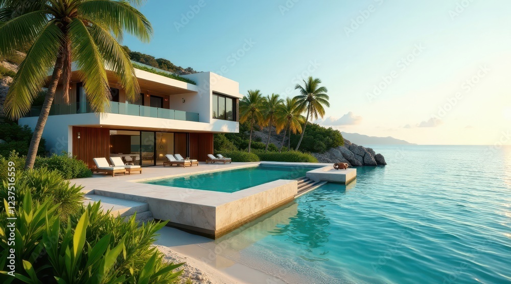Fototapeta premium Coastal Modern Home with Infinity Pool and Lush Tropical Landscaping at Sunset