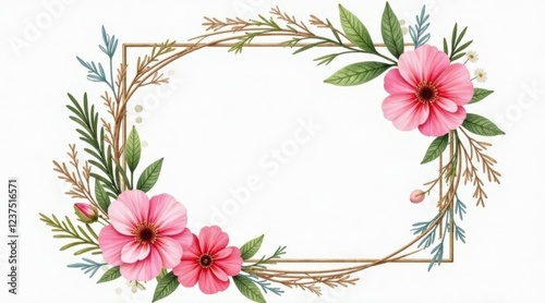 Elegant floral frame with delicate pink blossoms and earthy twigs, perfect for invitations, announcements, or decorative purposes
