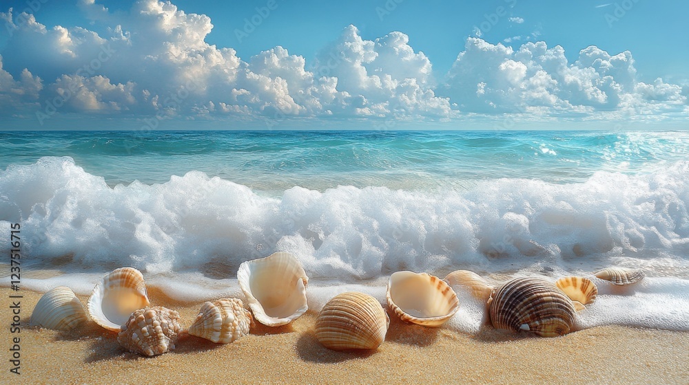 A refreshing oceanfront illustration of clear blue waves lapping at the shore with seashells scattered across the golden sand. A refreshing oceanfront illustration of clear blue waves lapping at the shore with seashells scattered across the golden sand.