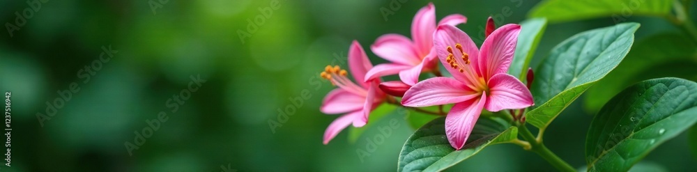 Delicate pink kaffir lily flowers on a leafy branch with water droplets, foliage, bloom Delicate pink kaffir lily flowers on a leafy branch with water droplets, foliage, bloom