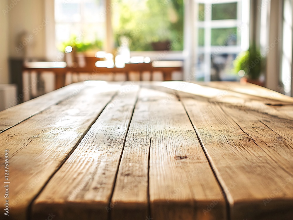 Sunny rustic wooden table, indoor dining area, garden view, product display
