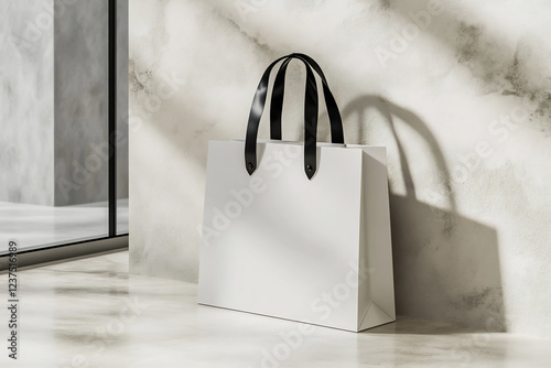 Wallpaper Mural Elegant white paper shopping bag mockup with black handles, placed in a modern, sunlit setting. Perfect for showcasing branding, packaging designs, and retail presentations Torontodigital.ca