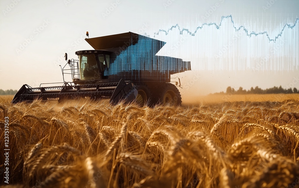 Fototapeta premium A combine harvester in a wheat field with rising stock market graphs, symbolizing increasing wheat prices