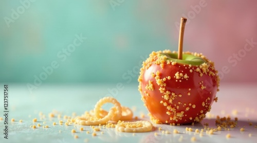 A Candied Apple with Crunchy Topping and Scattered Sweet Bits on a Pastel Surface photo