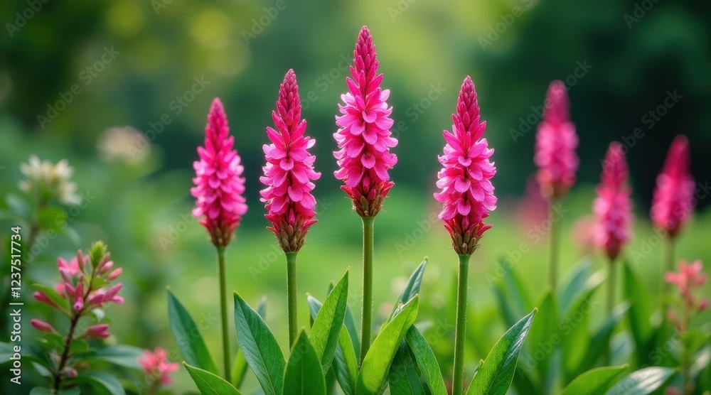 Vibrant Pink Flowers in Lush Green Garden Setting, a Close-Up View of Nature's Beauty, Showcasing the Delicate Texture and Striking Color Contrast of the Blossoms Vibrant Pink Flowers in Lush Green Garden Setting, a Close-Up View of Nature's Beauty, Showcasing the Delicate Texture and Striking Color Contrast of the Blossoms