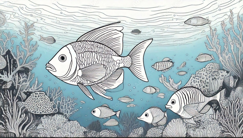 海中を泳ぐ魚の塗り絵 ファンタジー 複雑な模様