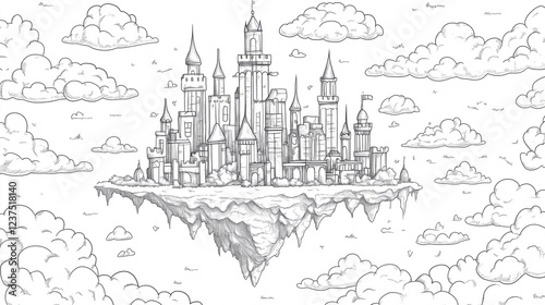 Obraz na płótnie お城がある空中に浮かぶ空中都市の塗り絵 ファンタジー w salonie