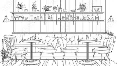 おしゃれなカフェの線画　大人の塗り絵