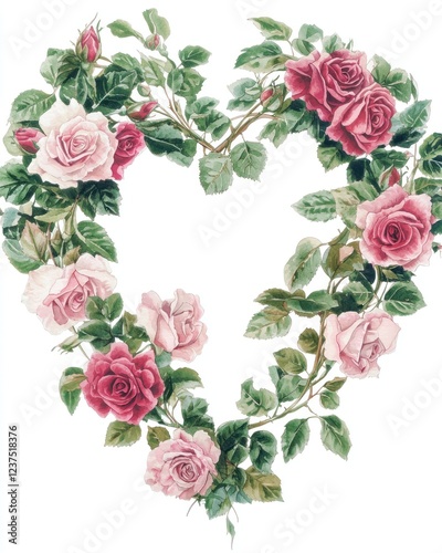 Watercolor illustration of pink and red roses arranged in a heart shape with green leaves and white background