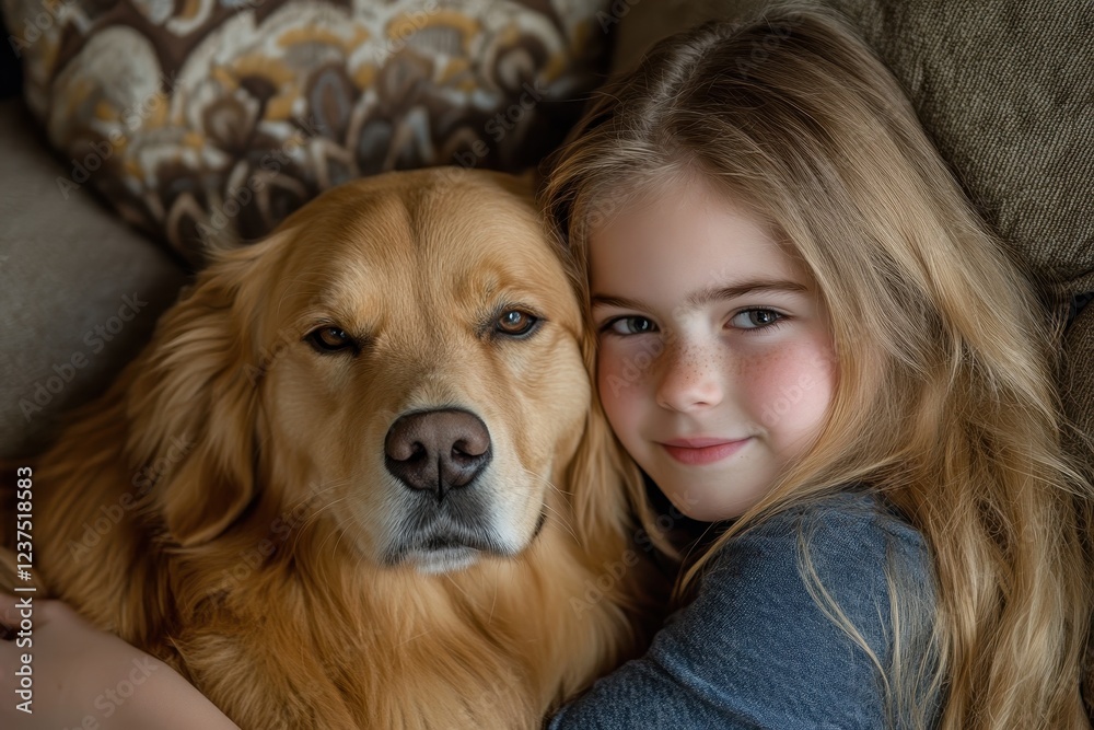 girl embracing golden retriever on couch at home girl embracing golden retriever on couch at home