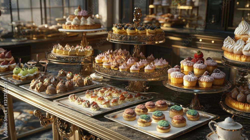 Elegant pastries displayed on ornate table in a cafe Elegant pastries displayed on ornate table in a cafe