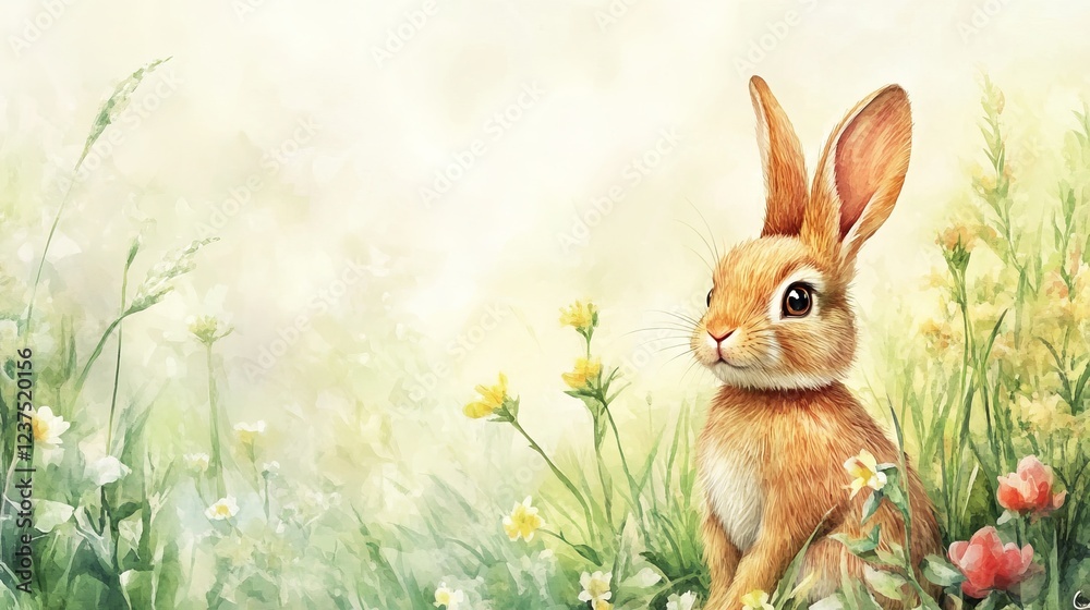 Fototapeta premium A Beautiful Rabbit Resting Comfortably in a Vibrant Field of Colorful Flowers Surrounded by Lush Greenery Under a Bright Blue Sky Evoking a Sense of Peace and Tranquility in Nature