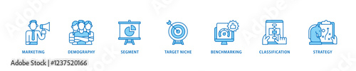 Market segmentation icon set flow process which consists of marketing, demography, segment, target niche, benchmarking, classification, strategy icon live stroke and easy to edit .