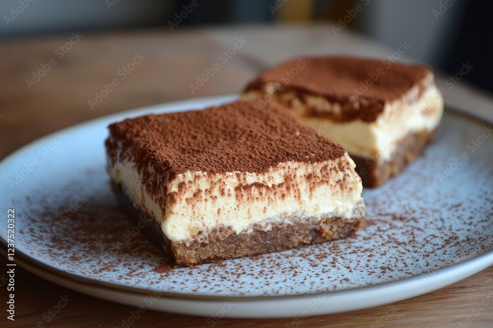 Two Delicious Tiramisu Squares On A Plate Two Delicious Tiramisu Squares On A Plate
