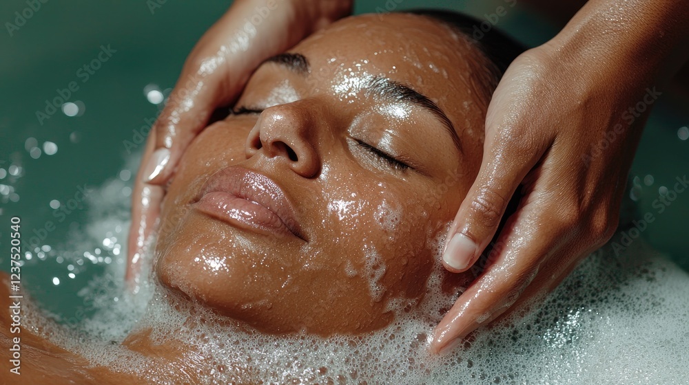Fototapeta premium Young Black woman relaxes with eyes closed while hands gently cradle her face in a bubbly spa bath.
