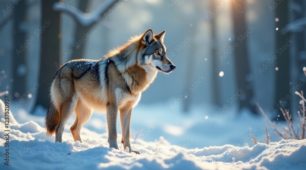 Fototapeta premium Majestic canine standing in a snowy woodland, bathed in the soft glow of winter sunlight, a serene winter scene.
