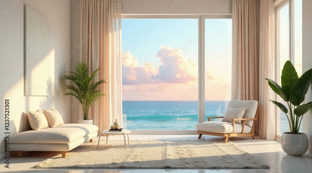 Fototapeta premium Serene Coastal Living Room with Ocean View and Soft Lighting