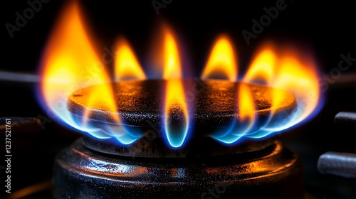 Gas stove burner flames close-up, energy concept photo