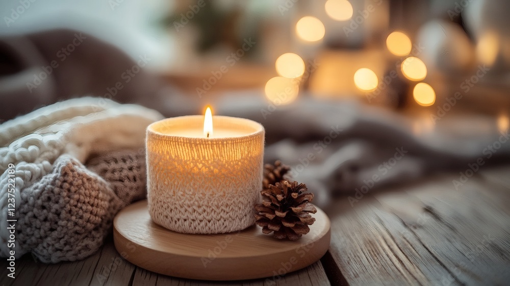 Cozy Winter Candlelight Scene with Knitted Sweater and Pine Cones Cozy Winter Candlelight Scene with Knitted Sweater and Pine Cones