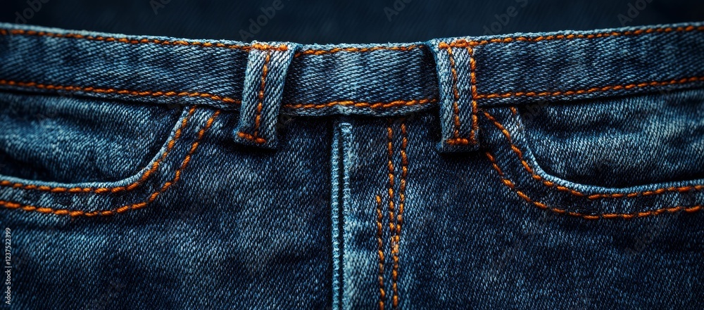Denim jeans close-up, textured fabric, orange stitching. Apparel detail Denim jeans close-up, textured fabric, orange stitching. Apparel detail