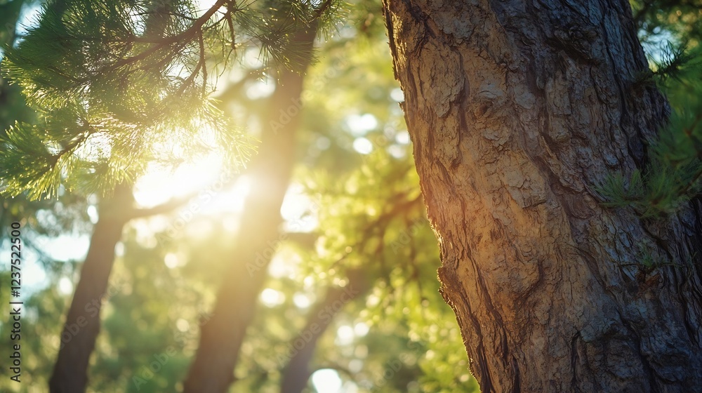 Fototapeta premium Sunlit Pine Tree Trunk with Green Foliage in a Springtime Forest : Generative AI